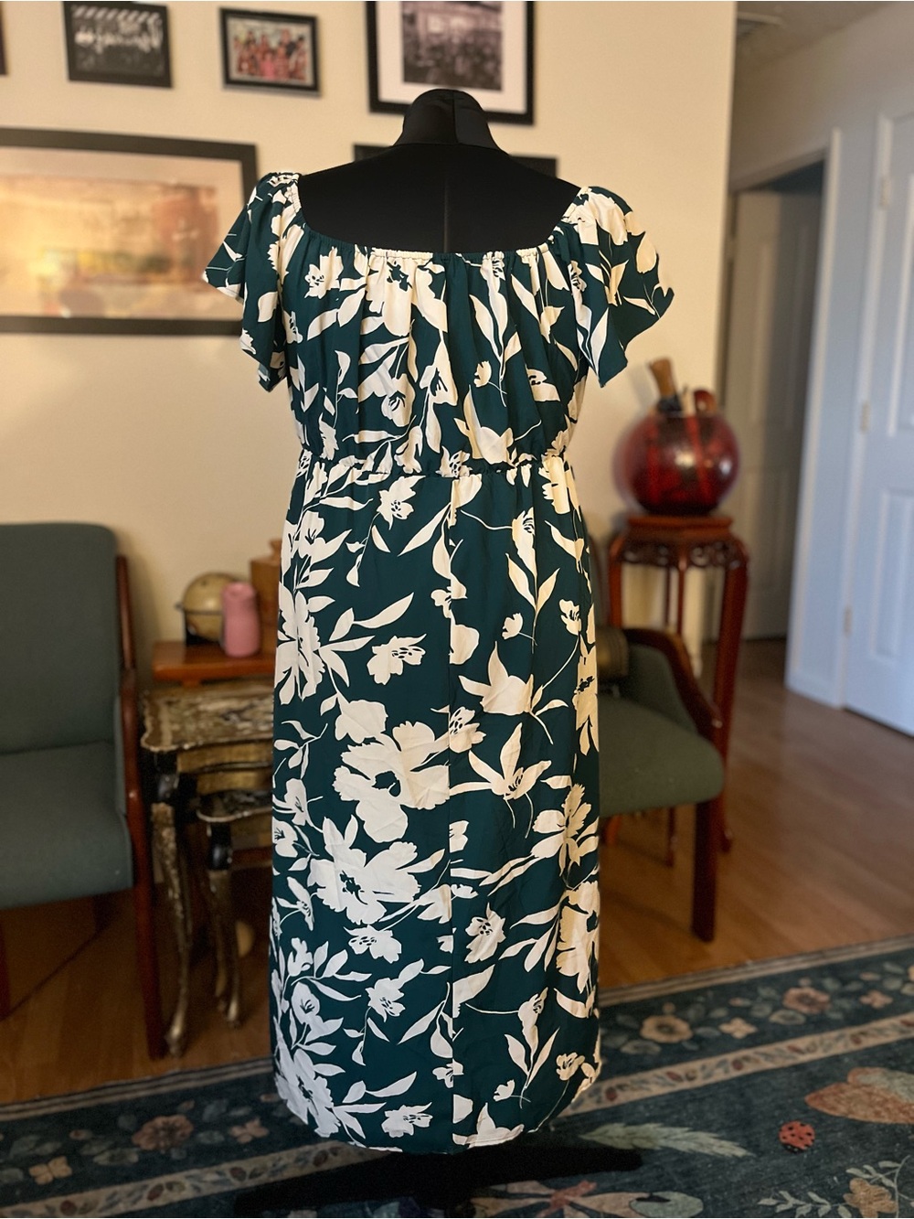 BloomChic Teal Green Floral Off-Shoulder Midi Dress